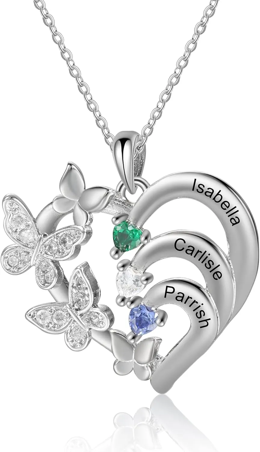 Personalized Heart Necklaces for Women with 2-5 Birthstones Custom Mother Name Pendant Necklace Mothers Day Christmas Birthday Gifts for Mom Grandma Mama