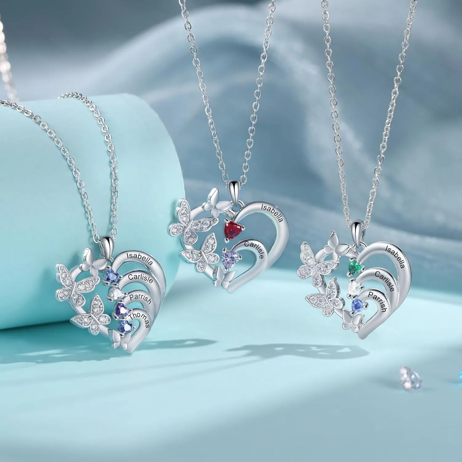 Personalized Heart Necklaces for Women with 2-5 Birthstones Custom Mother Name Pendant Necklace Mothers Day Christmas Birthday Gifts for Mom Grandma Mama