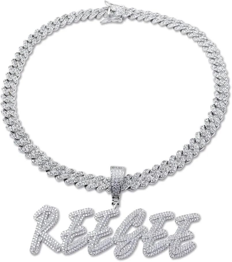 Personalized Iced Out Cursive Letters Nameplate Necklace Hip Hop Cubic Zircon Icy Initials Choker Jewelry Custom Name Pendant with Mini 9mm Cuban Chain for Women