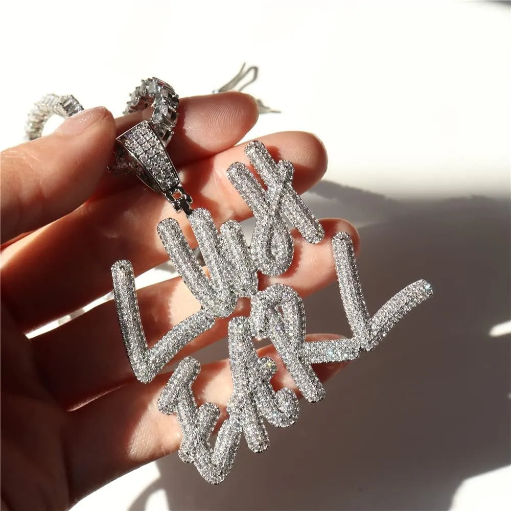 Personalized Iced Out Cursive Letters Nameplate Necklace Hip Hop Cubic Zircon Icy Initials Choker Jewelry Custom Name Pendant with Mini 9mm Cuban Chain for Women