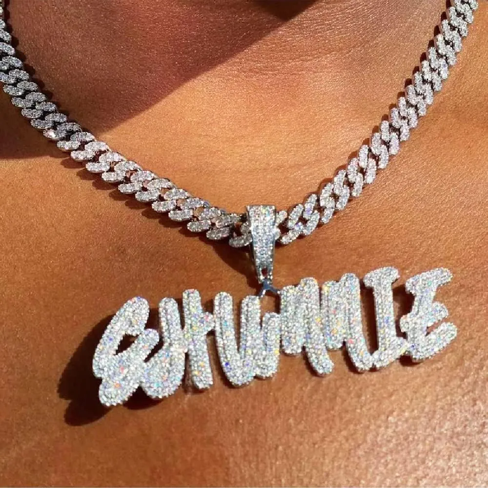 Personalized Iced Out Cursive Letters Nameplate Necklace Hip Hop Cubic Zircon Icy Initials Choker Jewelry Custom Name Pendant with Mini 9mm Cuban Chain for Women