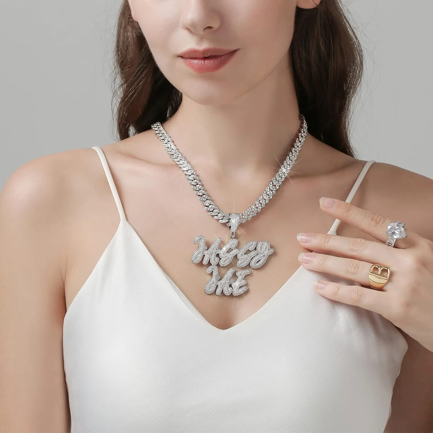 Personalized Iced Out Cursive Letters Nameplate Necklace Hip Hop Cubic Zircon Icy Initials Choker Jewelry Custom Name Pendant with Mini 9mm Cuban Chain for Women