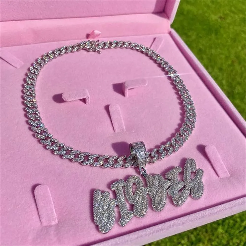 Personalized Iced Out Cursive Letters Nameplate Necklace Hip Hop Cubic Zircon Icy Initials Choker Jewelry Custom Name Pendant with Mini 9mm Cuban Chain for Women