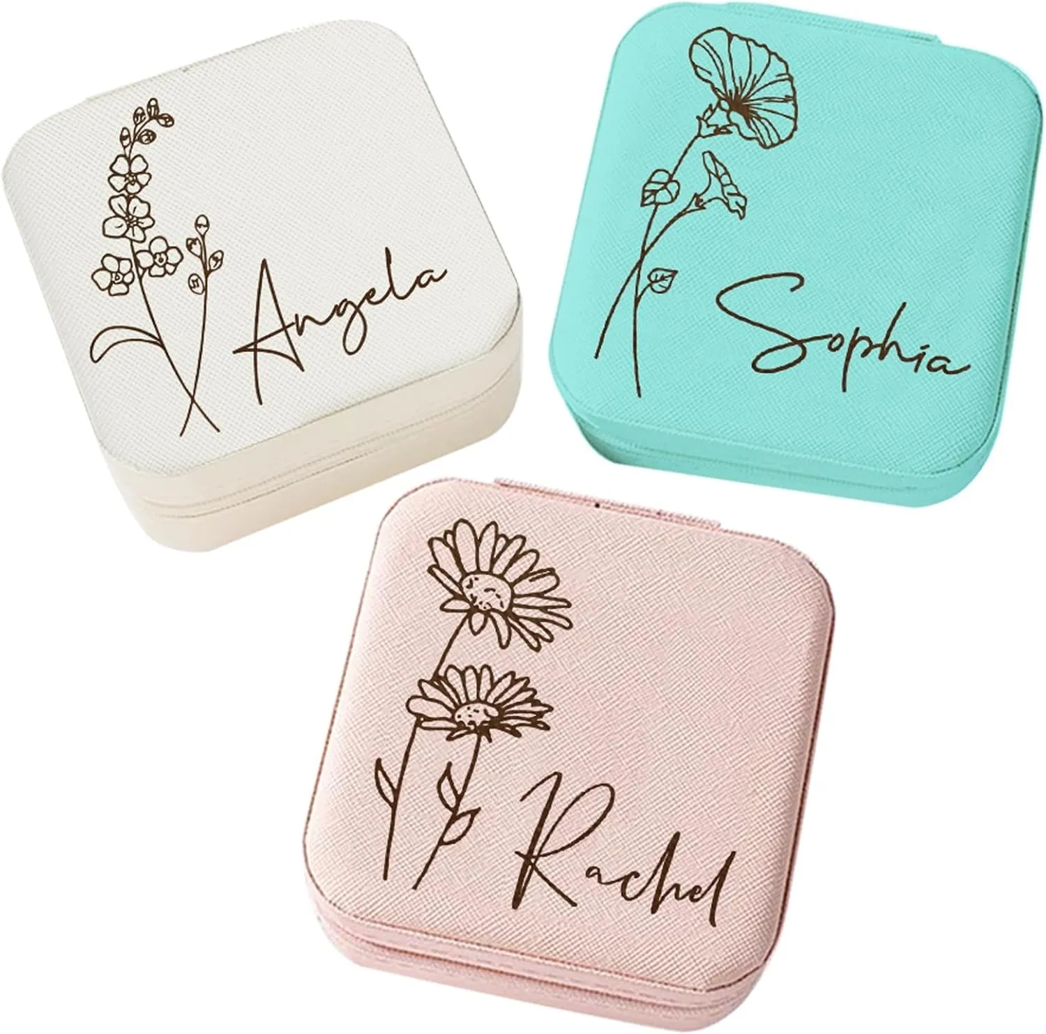 Personalized Jewelry Box for Women, Custom Travel Jewelry Case with Name and Birth Flower, Leather Jewelry Box for Rings, Earrings, Necklaces, Personalized Gifts for Women