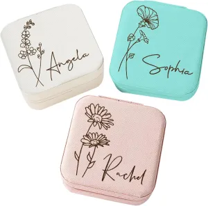 Personalized Jewelry Box for Women, Custom Travel Jewelry Case with Name and Birth Flower, Leather Jewelry Box for Rings, Earrings, Necklaces, Personalized Gifts for Women