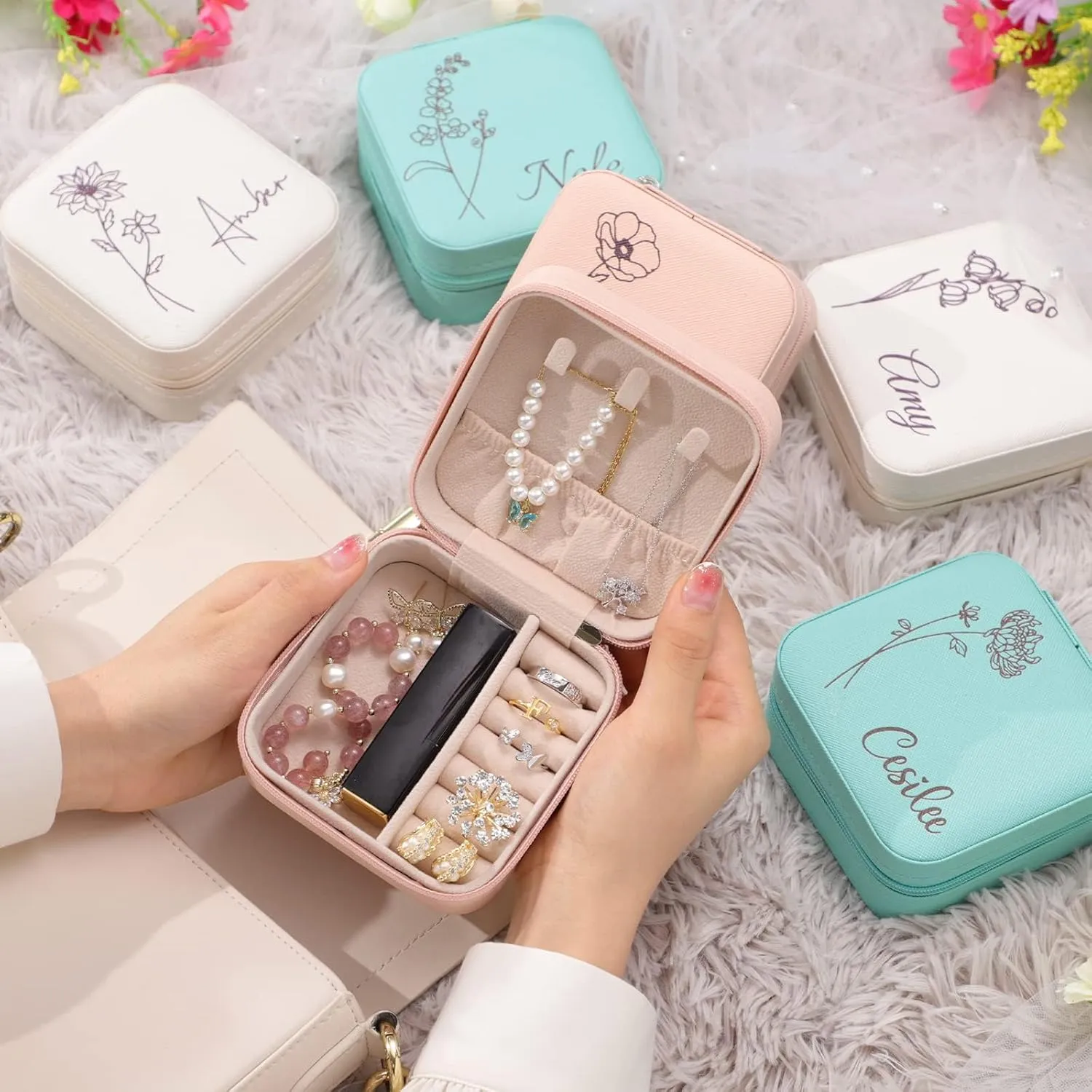 Personalized Jewelry Box for Women, Custom Travel Jewelry Case with Name and Birth Flower, Leather Jewelry Box for Rings, Earrings, Necklaces, Personalized Gifts for Women