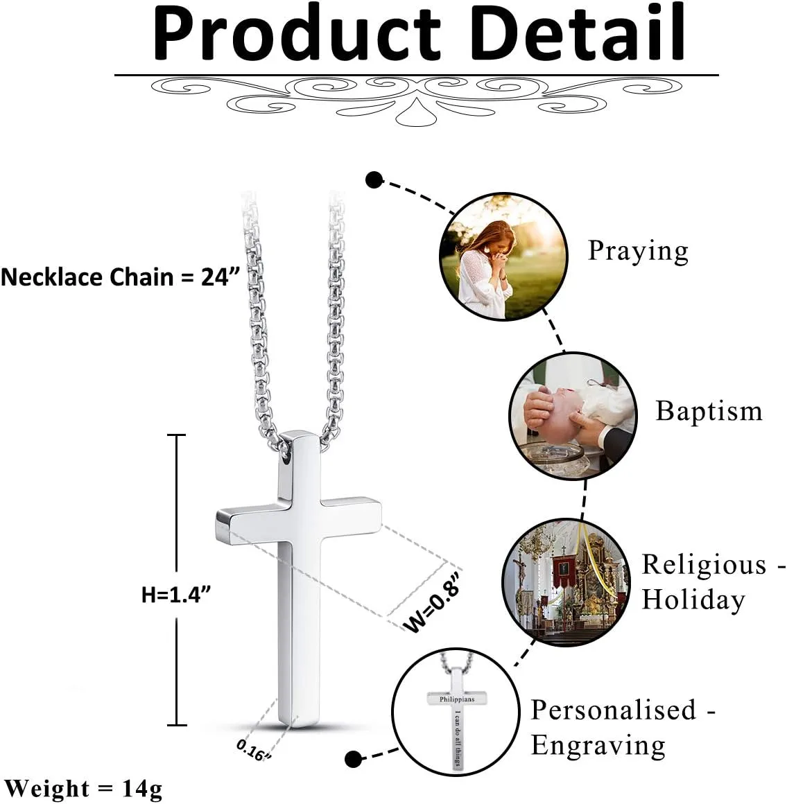 Personalized Master Cross Necklace Stainless Steel Faith Cross Pendant Necklaces for Men Women Custom Jesus Cross Necklace 24 Inches Chain Silver Black