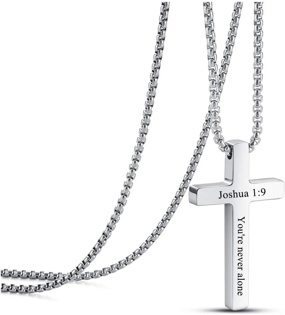 Personalized Master Cross Necklace Stainless Steel Faith Cross Pendant Necklaces for Men Women Custom Jesus Cross Necklace 24 Inches Chain Silver Black
