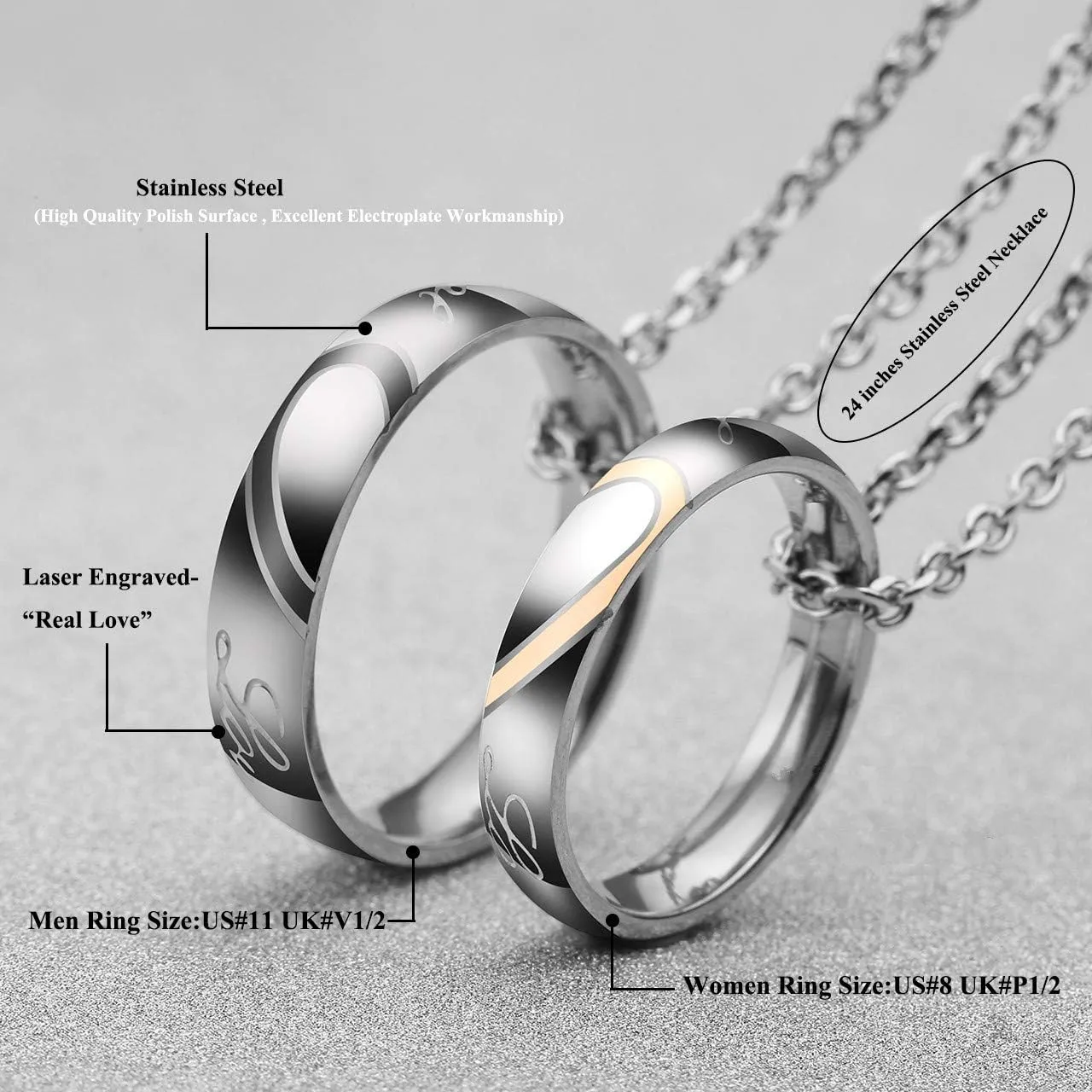 Personalized Master Custom Engraved Name His & Hers Real Love Matching Rings Set Stainless Steel Couples Pendant Necklaces for Engagement Wedding Anniversary Valentine's Day