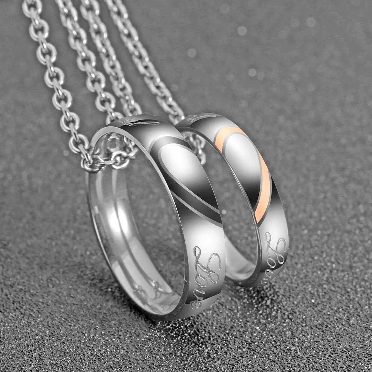 Personalized Master Custom Engraved Name His & Hers Real Love Matching Rings Set Stainless Steel Couples Pendant Necklaces for Engagement Wedding Anniversary Valentine's Day