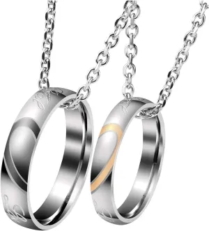 Personalized Master Custom Engraved Name His & Hers Real Love Matching Rings Set Stainless Steel Couples Pendant Necklaces for Engagement Wedding Anniversary Valentine's Day