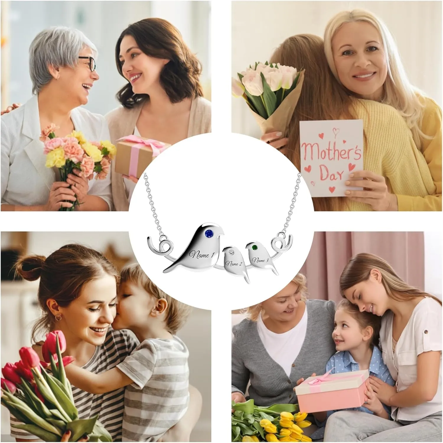 Personalized Mothers Name Necklace with 2-4 Birthstones Mother's Custom Birthstone Birds on Branch Family Necklace Custom Jewelry for Mom Grandma Wife
