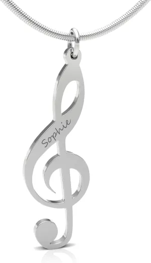 Personalized Music Note Treble Clef Name Necklace in .925 Sterling Silver or Gold Plated. Choose Any Name or Message. Includes 20" Matching chain. Perfect for music lovers or musicians.
