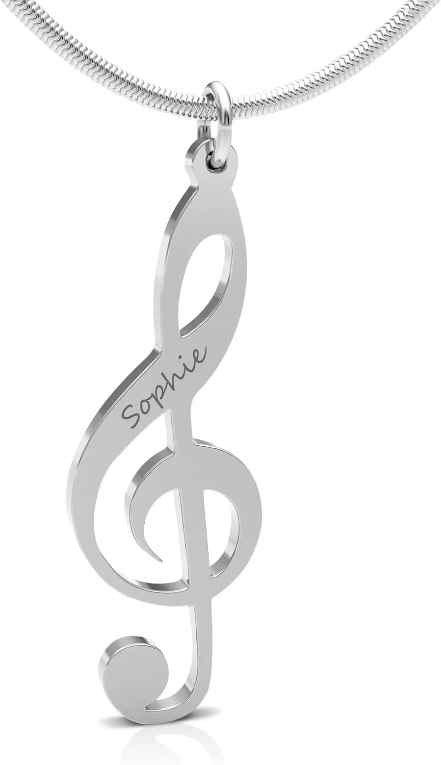 Personalized Music Note Treble Clef Name Necklace in .925 Sterling Silver or Gold Plated. Choose Any Name or Message. Includes 20" Matching chain. Perfect for music lovers or musicians.