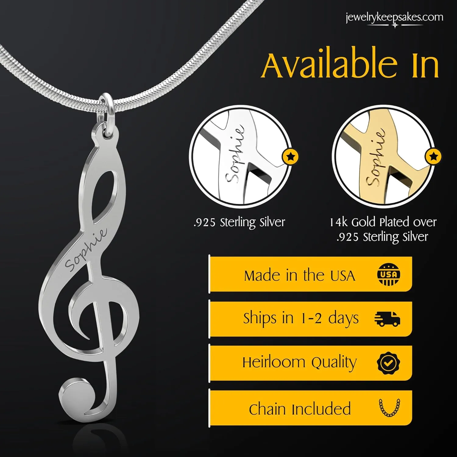 Personalized Music Note Treble Clef Name Necklace in .925 Sterling Silver or Gold Plated. Choose Any Name or Message. Includes 20" Matching chain. Perfect for music lovers or musicians.