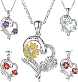 Personalized Name Necklace Custom Birth Flower Heart Necklace with Birthstone Gift for Her Dainty Floral Pendant Necklaces for Women Girls Birth Flower Necklace Birthday Gift for Mom