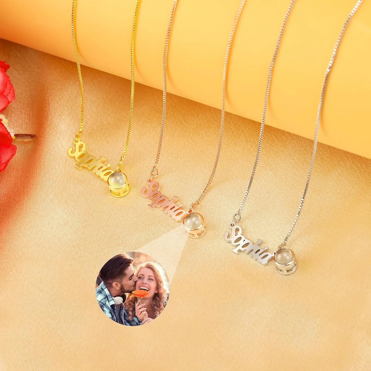 Personalized Name Necklace with Photo Pendant, Custom Nameplate Necklace with Picture inside, Birthday Anniversary for Her, Mothers Day Gift for Mom Grandma