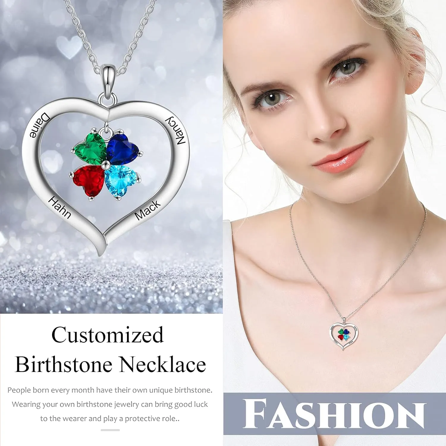 Personalized Names Forever Love Heart Women Necklace with 1-8 Simulated Birthstone Pendant Necklaces for Grandma Family Promise Jewelry Birthday Gift for Her Mom Wife