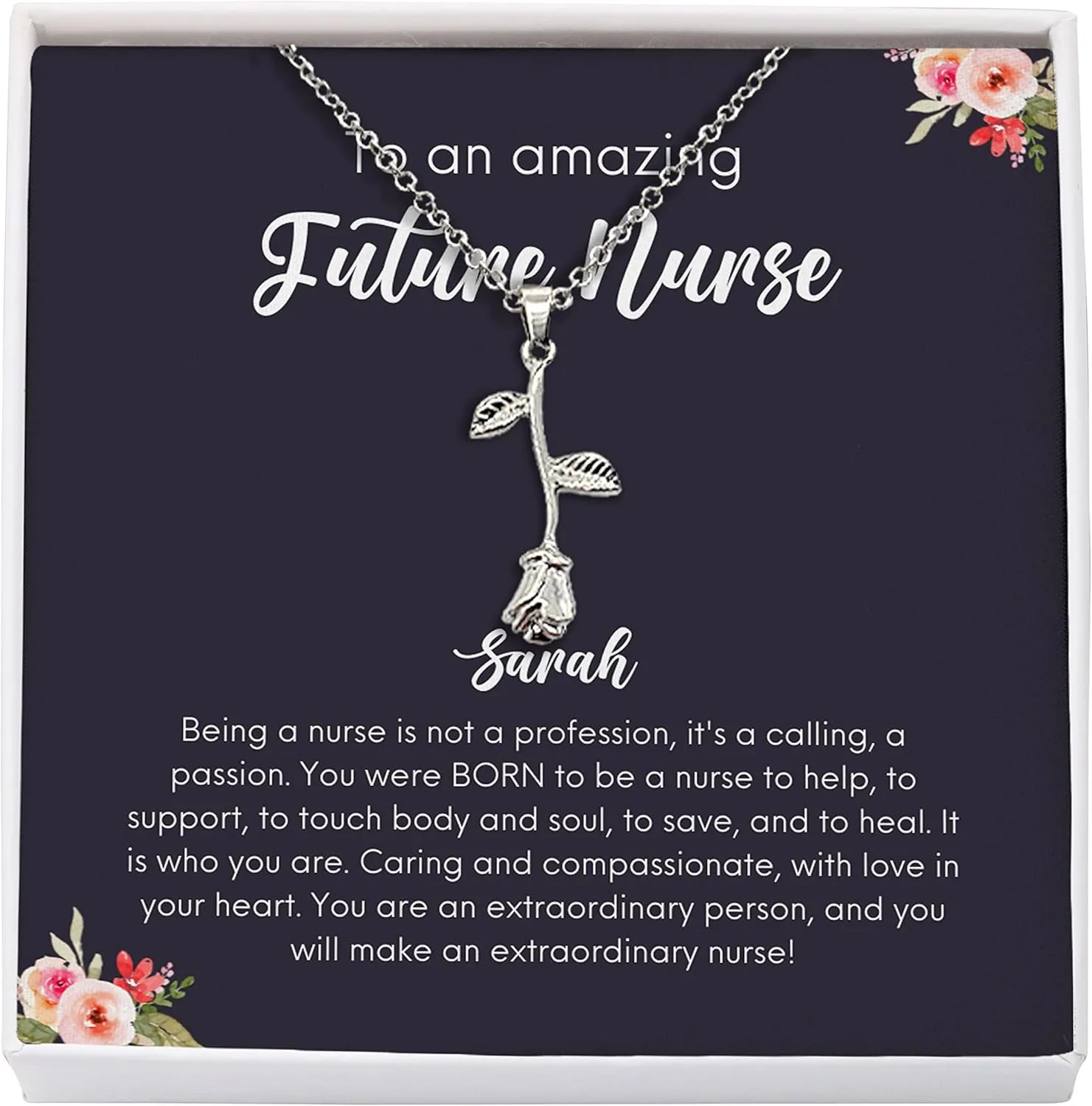 Personalized Nurse Necklace Silver Plated Rose - to an Amazing Future Nurse - Custom Name Graduate for Registered Nurse RN CRNA