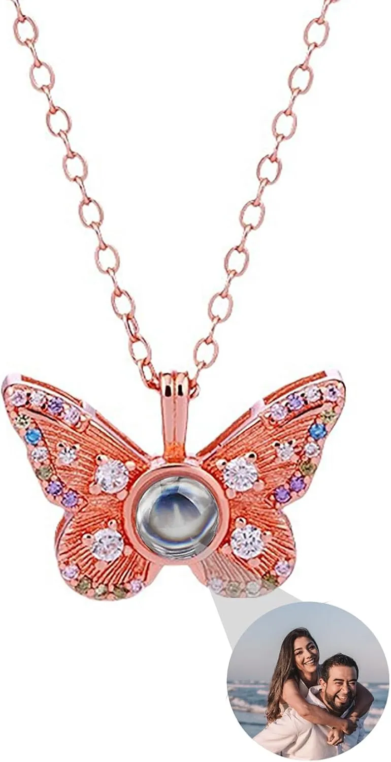 Personalized Photo Necklace Butterfly Necklace with Picture Inside Custom Butterfly Projection Necklace Butterfly Pendant Necklace Jewelry Gift Memorial Necklace for Women Birthday Christmas