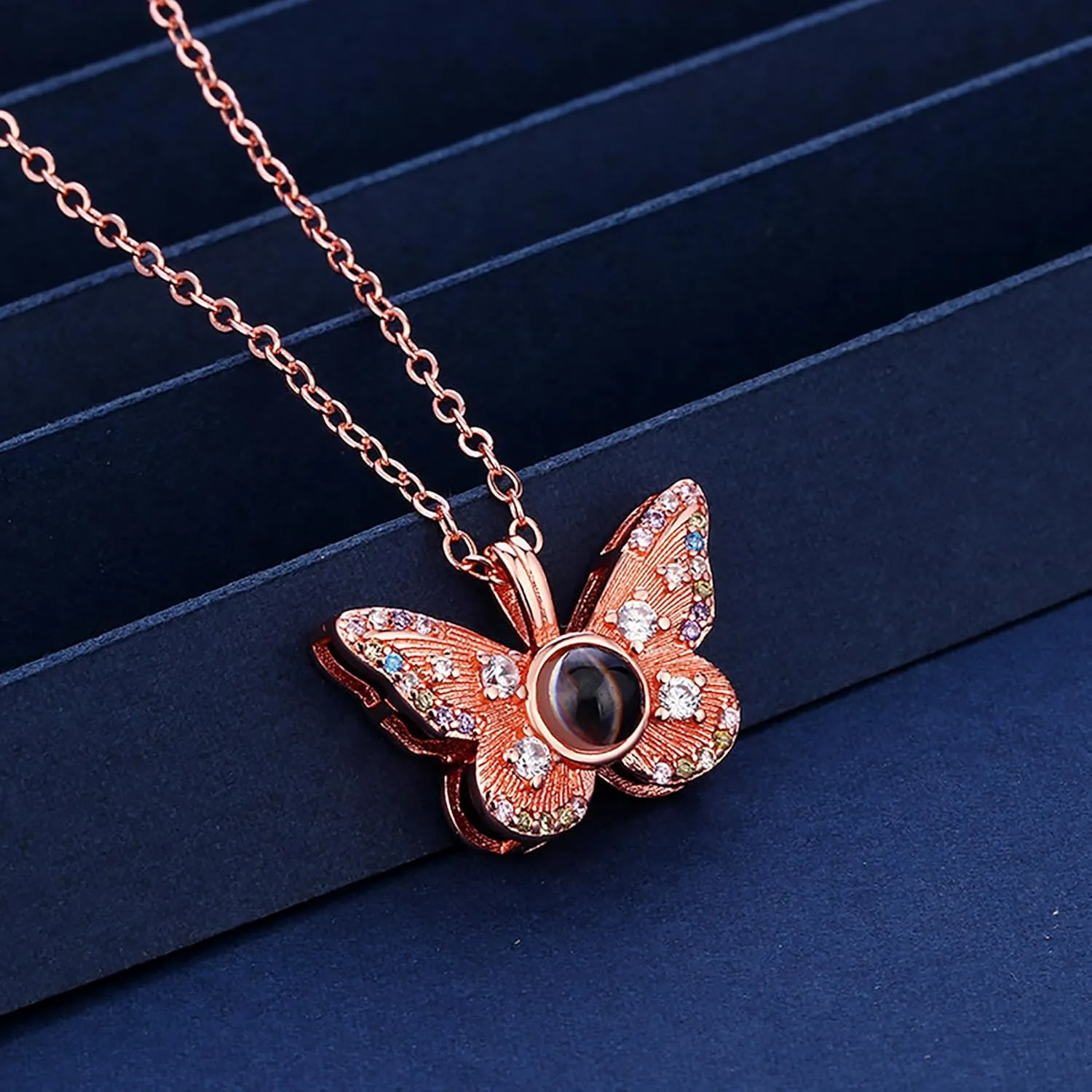 Personalized Photo Necklace Butterfly Necklace with Picture Inside Custom Butterfly Projection Necklace Butterfly Pendant Necklace Jewelry Gift Memorial Necklace for Women Birthday Christmas