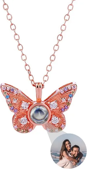 Personalized Photo Necklace Butterfly Necklace with Picture Inside Custom Butterfly Projection Necklace Butterfly Pendant Necklace Jewelry Gift Memorial Necklace for Women Birthday Christmas