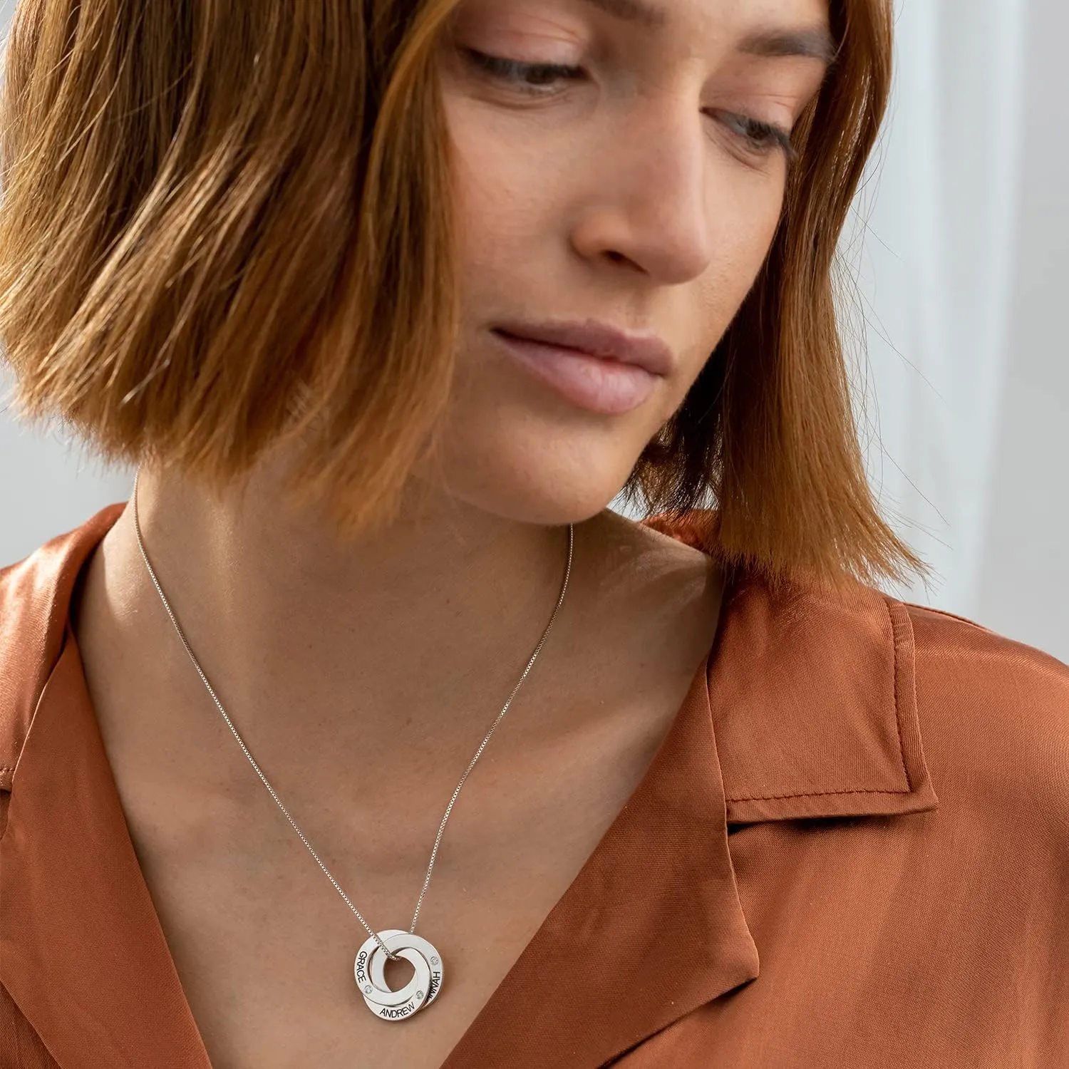 Personalized Russian Ring Pendant Necklace with Diamond/Birthstone Options - Two or Three Rings - by MYKA