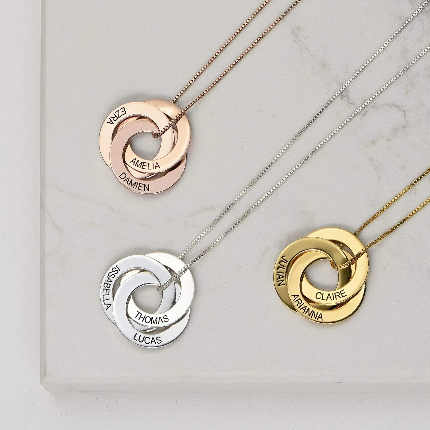Personalized Russian Ring Pendant Necklace with Diamond/Birthstone Options - Two or Three Rings - by MYKA