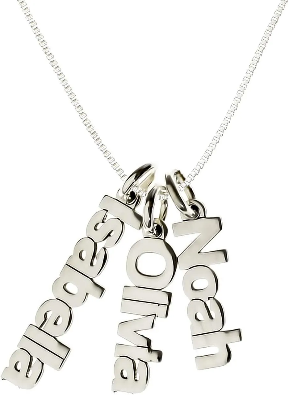 Personalized Triple Sidelong Nameplate Sterling Silver Necklace. Customize three charms. Choice of Sterling Silver Chain. Keep The Key To Your Heart, Close To Your Heart. Gift for Couples.