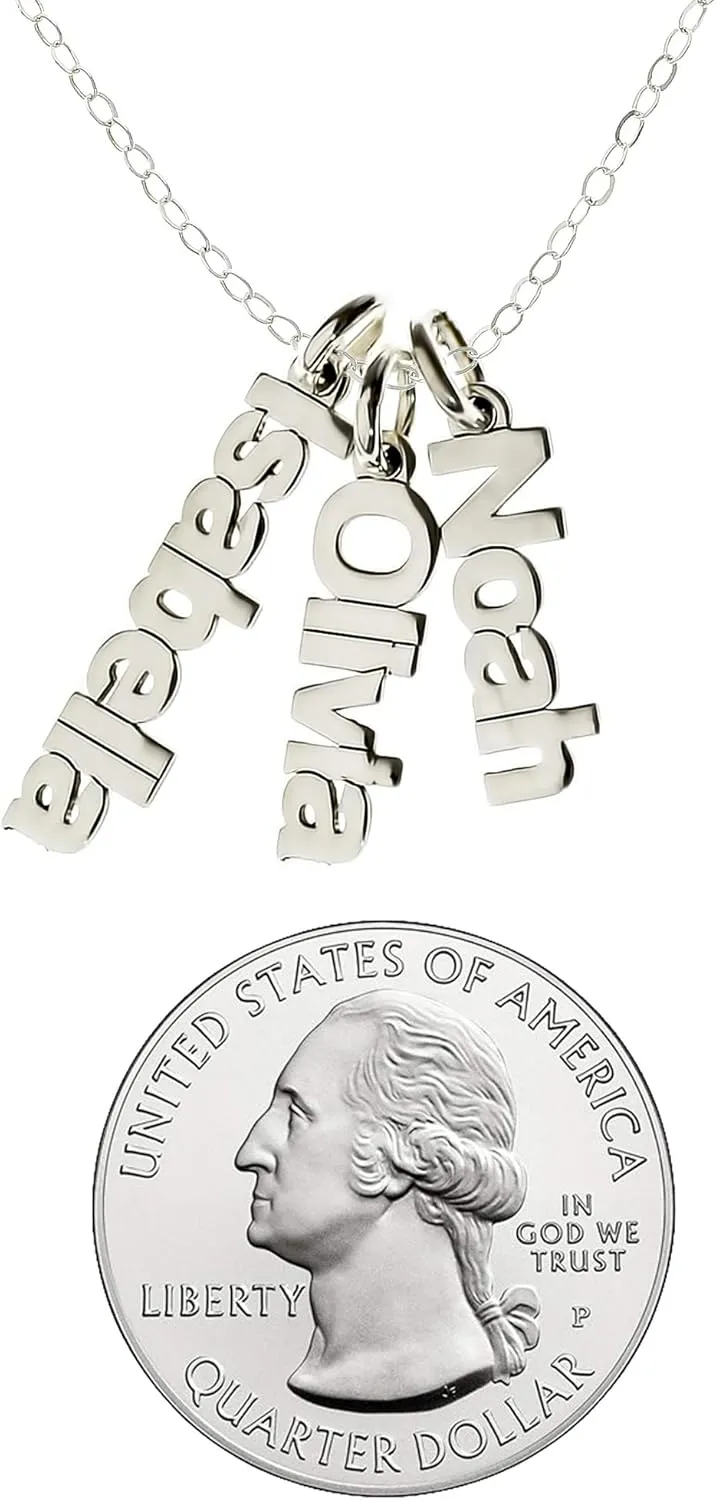 Personalized Triple Sidelong Nameplate Sterling Silver Necklace. Customize three charms. Choice of Sterling Silver Chain. Keep The Key To Your Heart, Close To Your Heart. Gift for Couples.