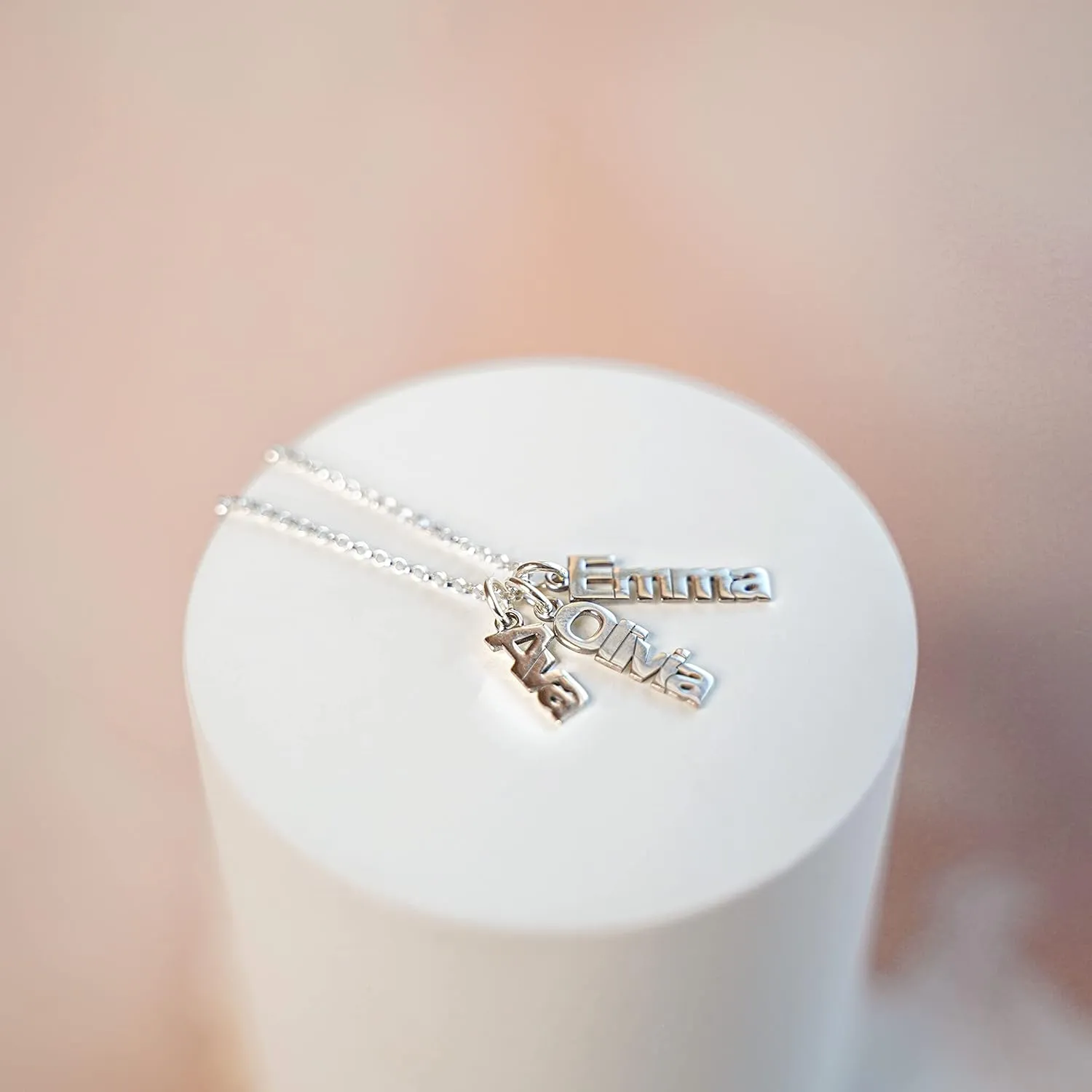 Personalized Triple Sidelong Nameplate Sterling Silver Necklace. Customize three charms. Choice of Sterling Silver Chain. Keep The Key To Your Heart, Close To Your Heart. Gift for Couples.