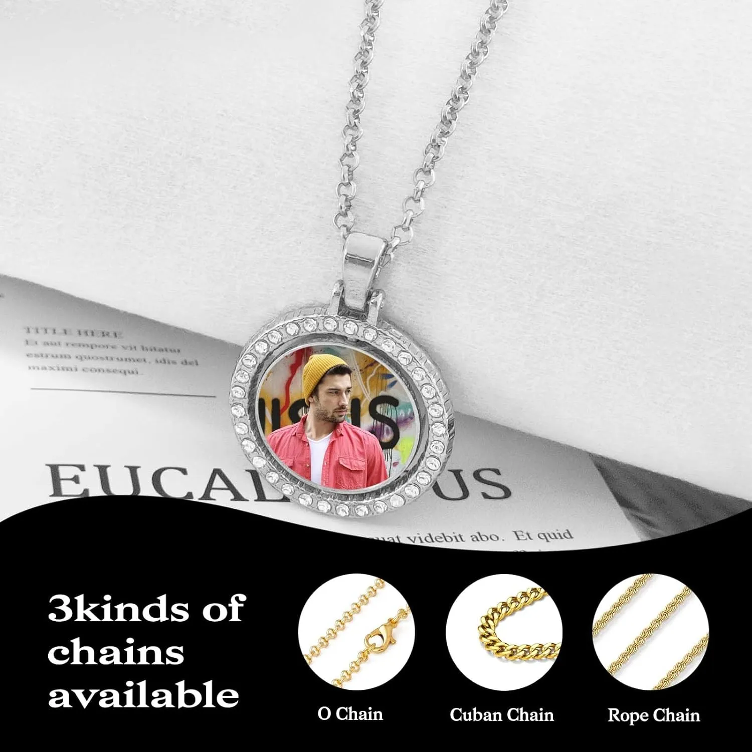 Picture Necklace Personalized Photo, Circle Chain with Wings, Picture Pendant Personalized Custom Memory, Necklaces Angel Wings Round Chain Gifts, Hip Hop