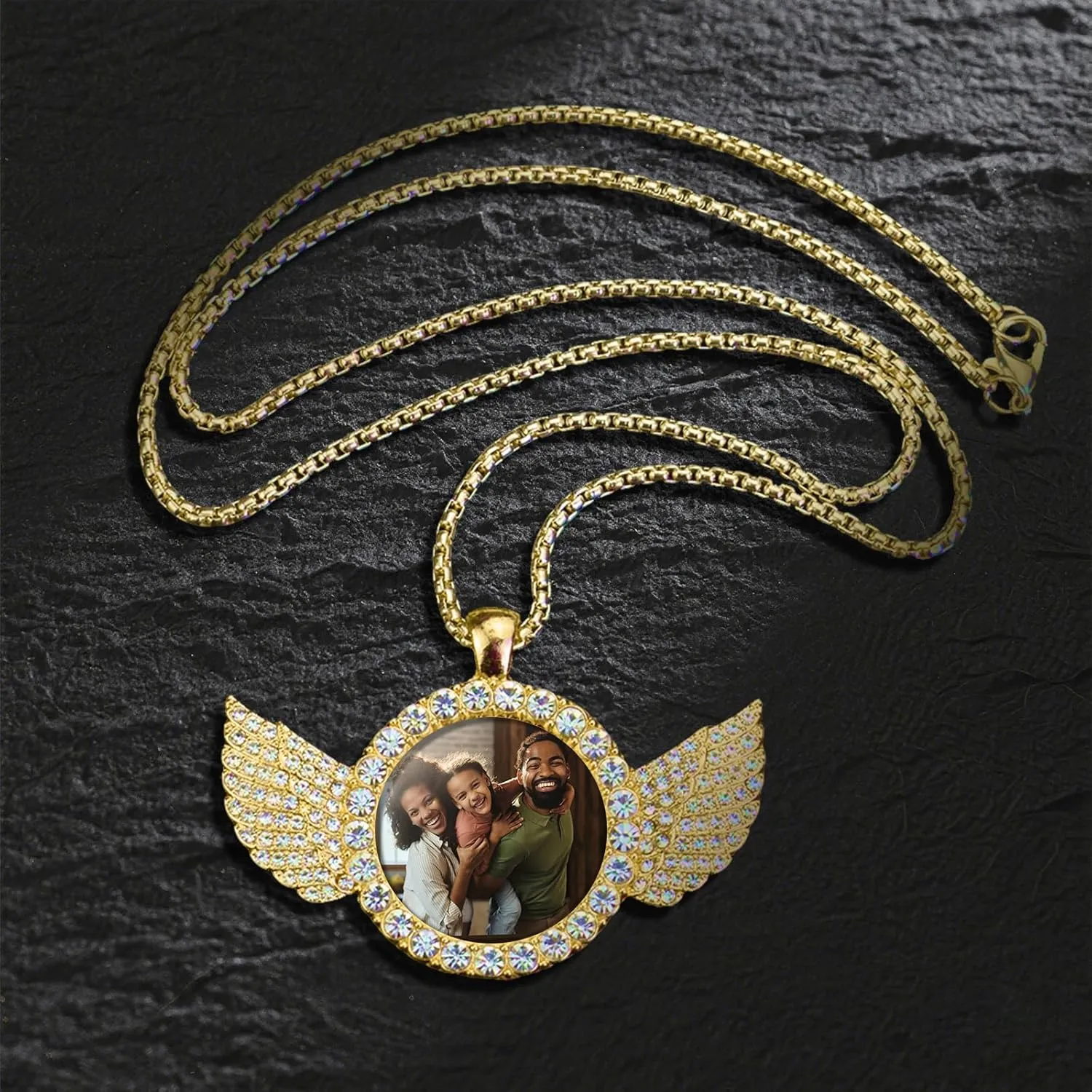 Picture Necklace Personalized Photo, Circle Chain with Wings, Picture Pendant Personalized Custom Memory, Necklaces Angel Wings Round Chain Gifts, Hip Hop