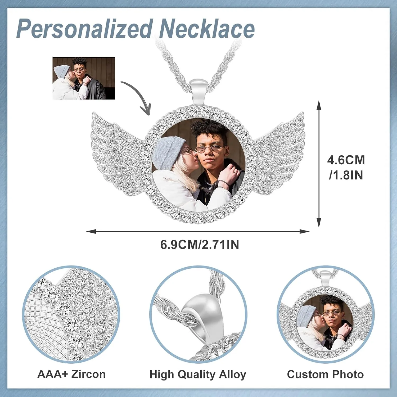 Picture Necklace Personalized Photo, Circle Chain with Wings, Picture Pendant Personalized Custom Memory, Necklaces Angel Wings Round Chain Gifts, Hip Hop