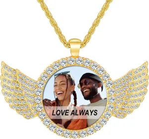 Picture Necklace Personalized Photo, Circle Chain with Wings, Picture Pendant Personalized Custom Memory, Necklaces Angel Wings Round Chain Gifts, Hip Hop