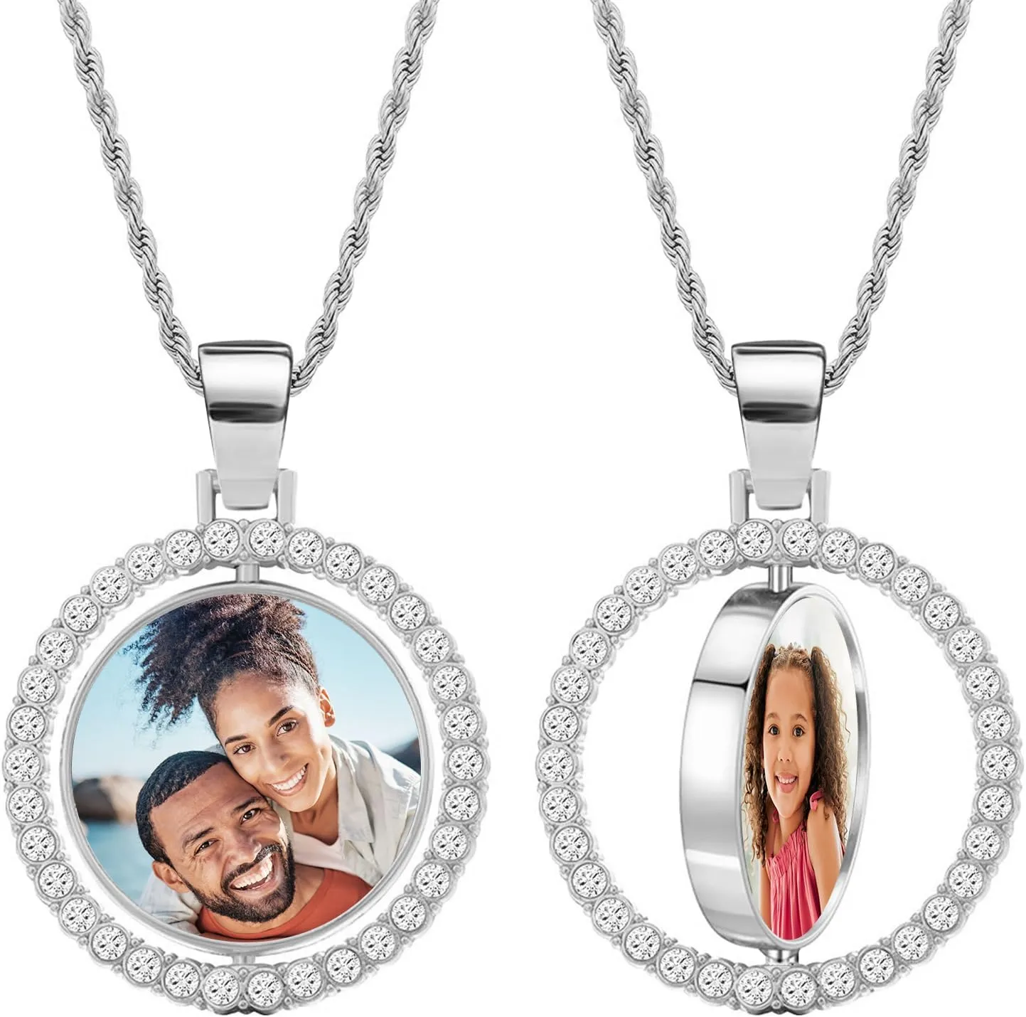 Picture Necklace Personalized Photo, Circle Chain with Wings, Picture Pendant Personalized Custom Memory, Necklaces Angel Wings Round Chain Gifts, Hip Hop