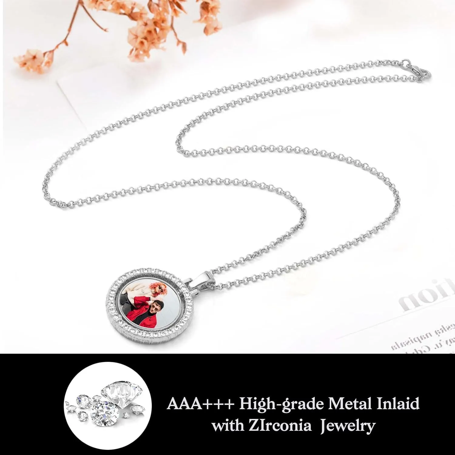 Picture Necklace Personalized Photo, Circle Chain with Wings, Picture Pendant Personalized Custom Memory, Necklaces Angel Wings Round Chain Gifts, Hip Hop