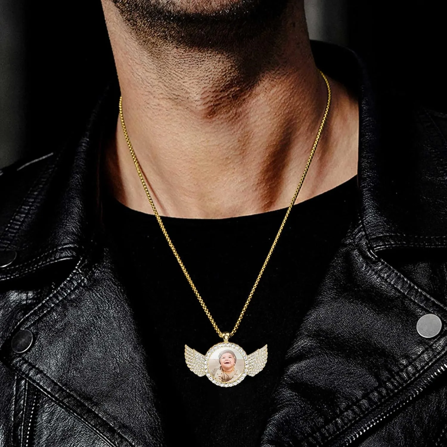 Picture Necklace Personalized Photo, Circle Chain with Wings, Picture Pendant Personalized Custom Memory, Necklaces Angel Wings Round Chain Gifts, Hip Hop