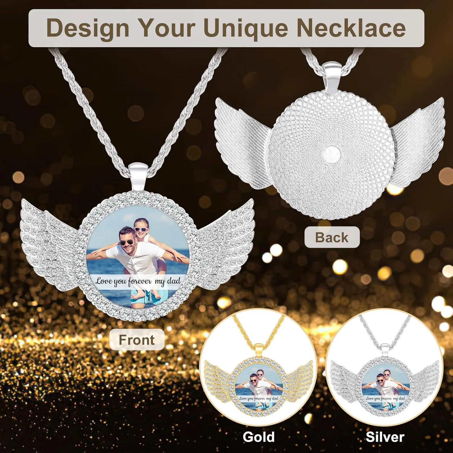 Picture Necklace Personalized Photo for Men Women Customized Hip Hop Jewelry Angel Wing Necklace Pendant Custom Memory Necklaces Chain Gifts