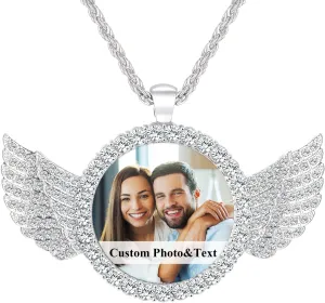 Picture Necklace Personalized Photo for Men Women Customized Hip Hop Jewelry Angel Wing Necklace Pendant Custom Memory Necklaces Chain Gifts