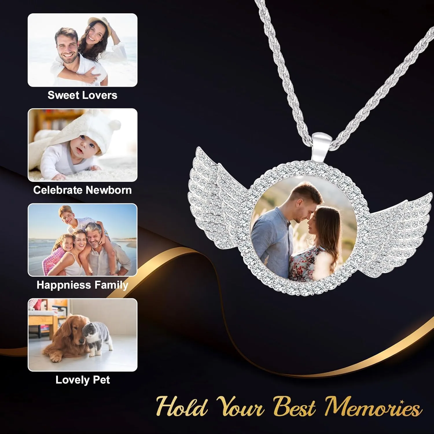 Picture Necklace Personalized Photo for Men Women Customized Hip Hop Jewelry Angel Wing Necklace Pendant Custom Memory Necklaces Chain Gifts