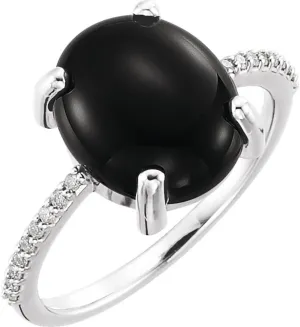 Platinum 12x10mm Oval Shape Cabochon Onyx and .08 cttw Diamond Halo-Style Fashion Ring Fine Jewelry For Women Gifts For Her, Size 7