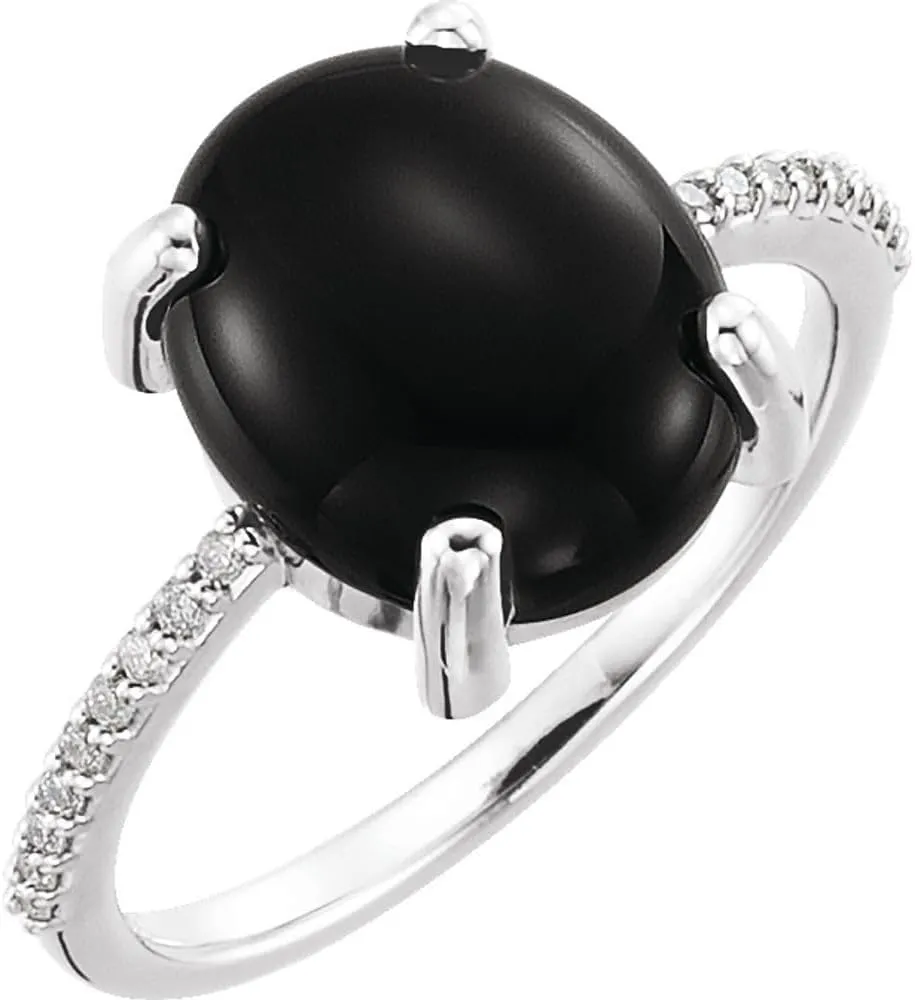 Platinum 12x10mm Oval Shape Cabochon Onyx and .08 cttw Diamond Halo-Style Fashion Ring Fine Jewelry For Women Gifts For Her, Size 7