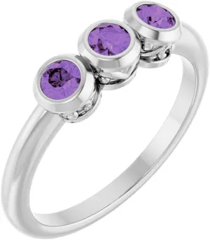 Platinum Amethyst 3 Three-Stone Bezel-Set Fashion Ring Fine Jewelry For Women Gifts For Her, Size 7