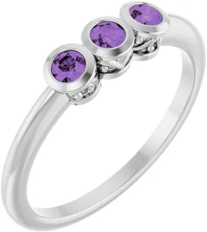 Platinum Amethyst 3 Three-Stone Bezel-Set Fashion Ring Fine Jewelry For Women Gifts For Her, Size 7