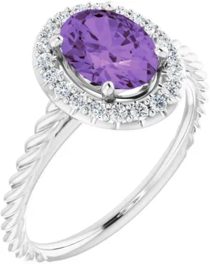 Platinum Amethyst and 1/6 cttw Diamond Halo-Style Fashion Ring Fine Jewelry For Women Gifts For Her, Size 7