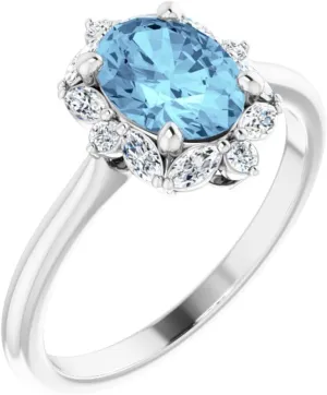 Platinum Aquamarine and 1/3 cttw Diamond Halo-Style Fashion Ring Fine Jewelry For Women Gifts For Her, Size 7