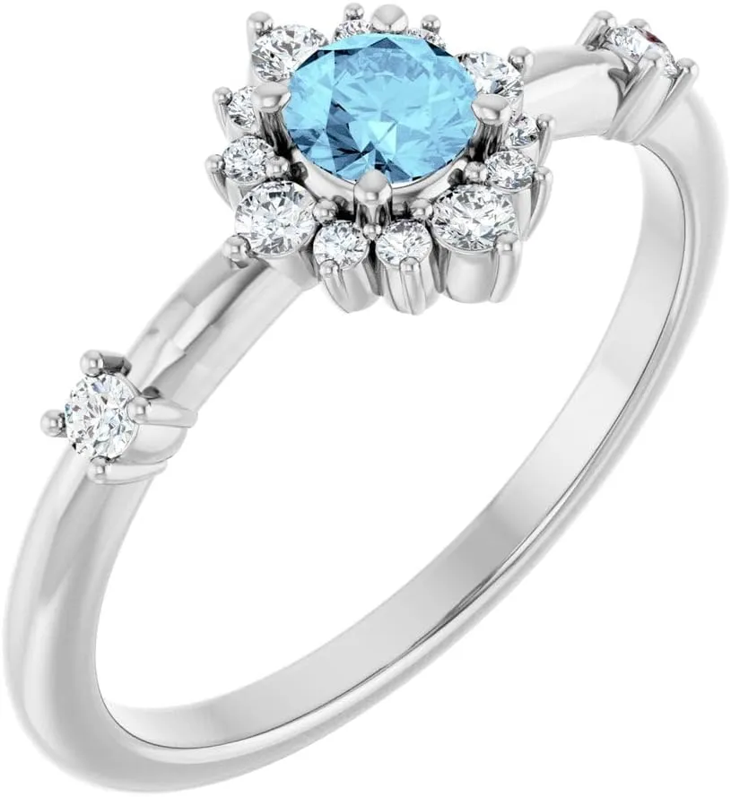 Platinum Aquamarine and 1/6 cttw Diamond Halo-Style Fashion Ring Fine Jewelry For Women Gifts For Her, Size 7