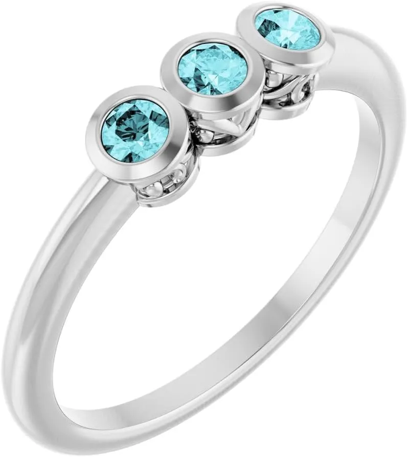 Platinum Blue Zircon 3 Three-Stone Bezel-Set Fashion Ring Fine Jewelry For Women Gifts For Her, Size 7