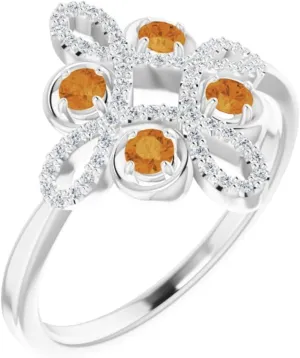 Platinum Citrine and 1/6 cttw Diamond Accented Clover Fashion Ring Fine Jewelry For Women Gifts For Her, Size 7
